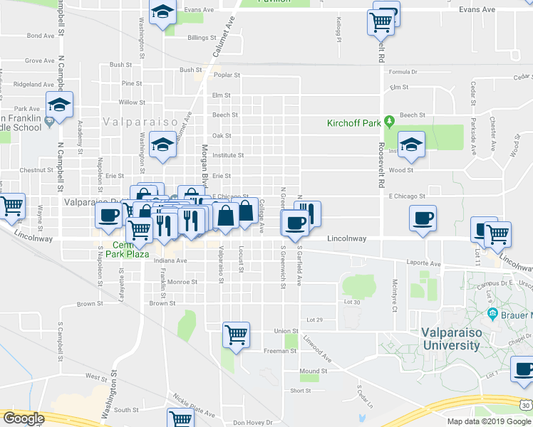map of restaurants, bars, coffee shops, grocery stores, and more near 601 Jefferson Street in Valparaiso