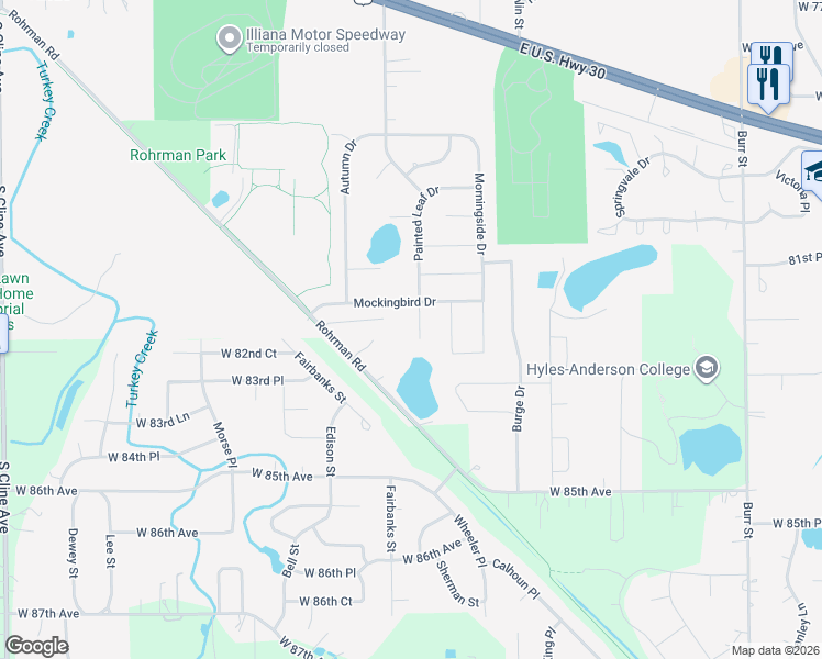 map of restaurants, bars, coffee shops, grocery stores, and more near 2920 Painted Leaf Drive in Crown Point