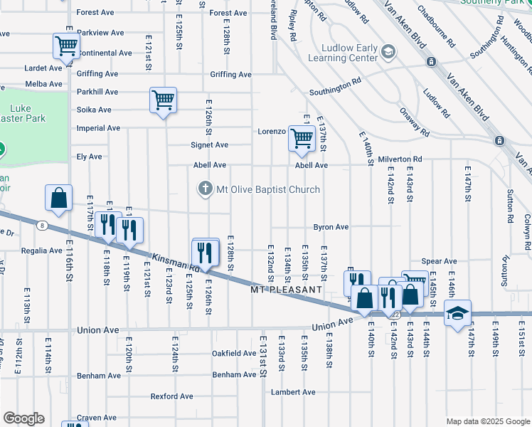 map of restaurants, bars, coffee shops, grocery stores, and more near 3306 East 132nd Street in Cleveland