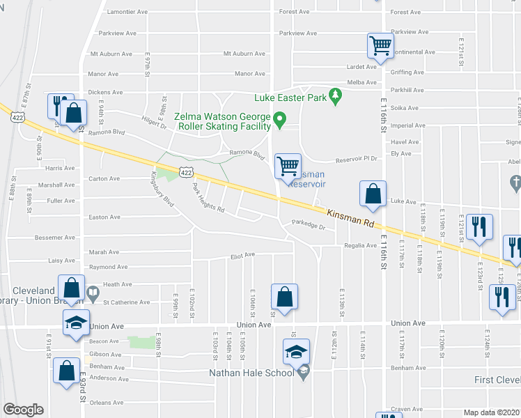 map of restaurants, bars, coffee shops, grocery stores, and more near 10605 Mountview Avenue in Cleveland