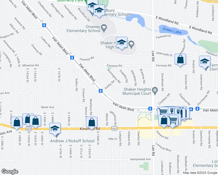 map of restaurants, bars, coffee shops, grocery stores, and more near 15706 Chadbourne Road in Shaker Heights