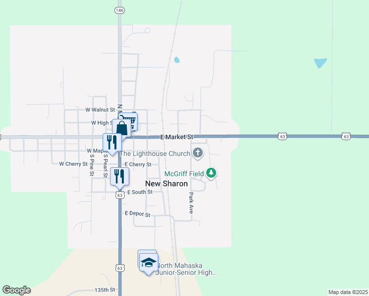 map of restaurants, bars, coffee shops, grocery stores, and more near 107 West South Street in New Sharon