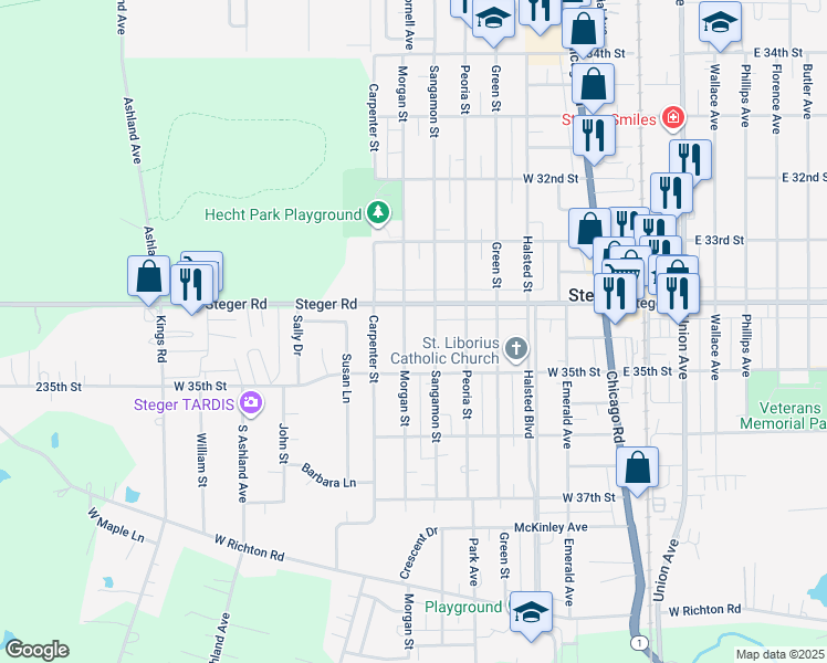 map of restaurants, bars, coffee shops, grocery stores, and more near 3423 Morgan Street in Steger