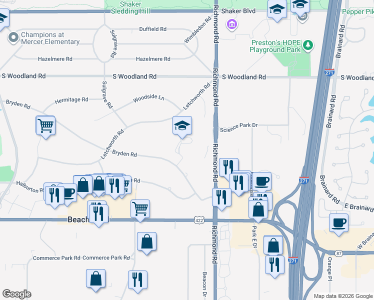 map of restaurants, bars, coffee shops, grocery stores, and more near 25501 Bryden Road in Beachwood