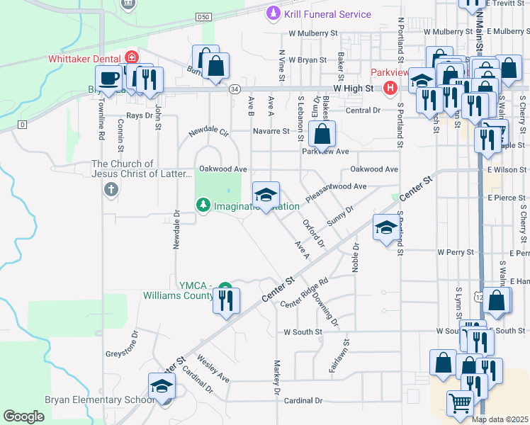map of restaurants, bars, coffee shops, grocery stores, and more near 510 Avenue A in Bryan
