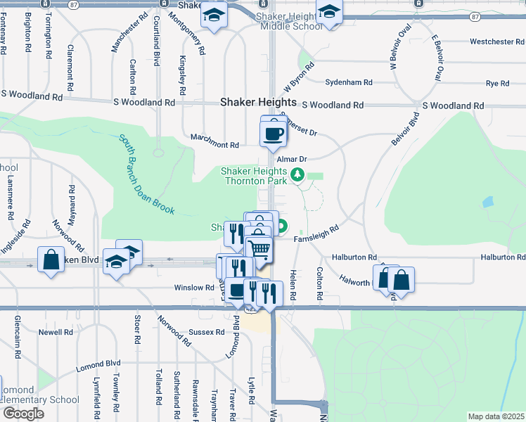map of restaurants, bars, coffee shops, grocery stores, and more near 3330 Warrensville Center Road in Shaker Heights