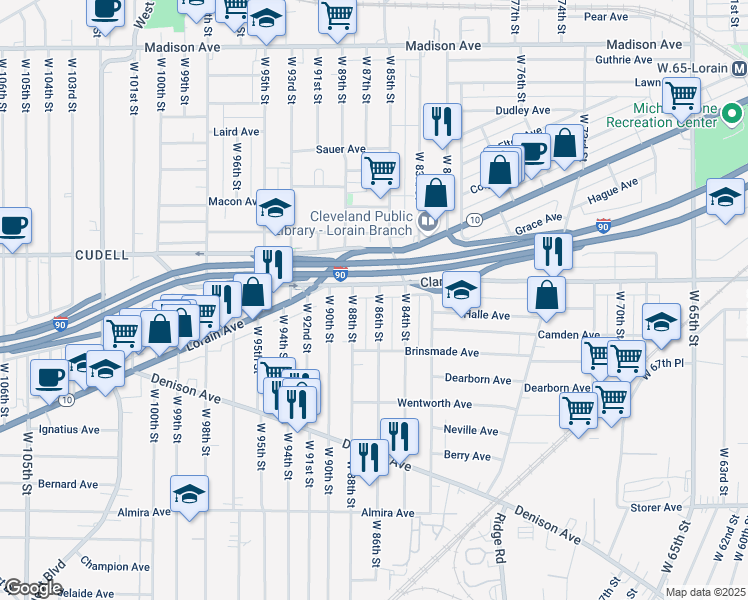 map of restaurants, bars, coffee shops, grocery stores, and more near 3114 West 86th Street in Cleveland