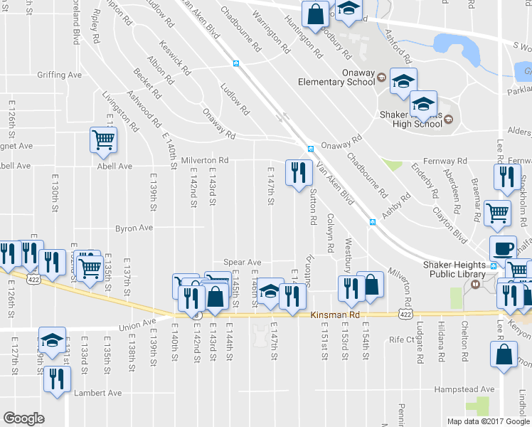 map of restaurants, bars, coffee shops, grocery stores, and more near 3328 E 147th St in Cleveland