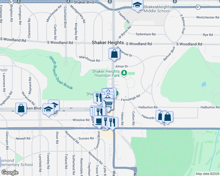 map of restaurants, bars, coffee shops, grocery stores, and more near 3330 Warrensville Center Road in Shaker Heights