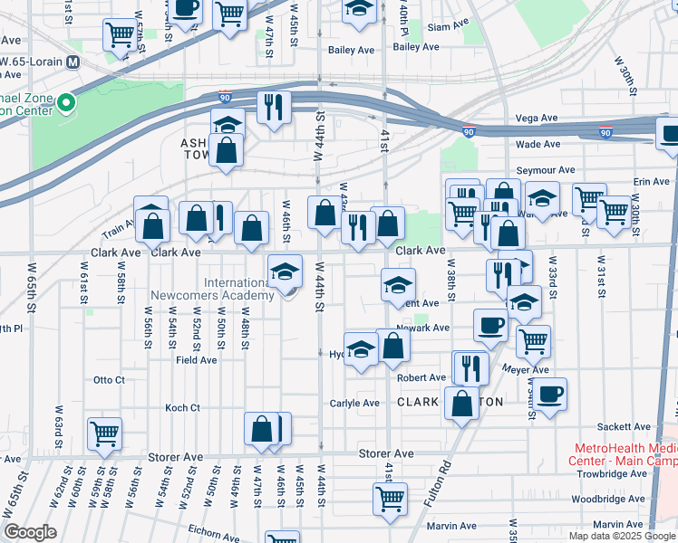 map of restaurants, bars, coffee shops, grocery stores, and more near 3124 West 43rd Street in Cleveland