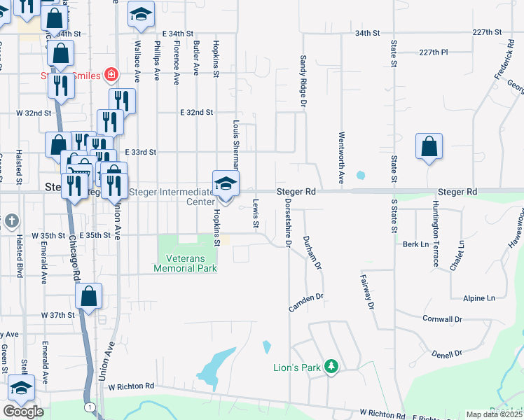 map of restaurants, bars, coffee shops, grocery stores, and more near 3421 Lewis Street in Steger