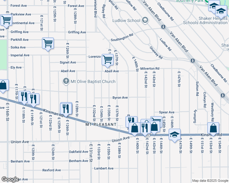 map of restaurants, bars, coffee shops, grocery stores, and more near 3308 E 137th St in Cleveland