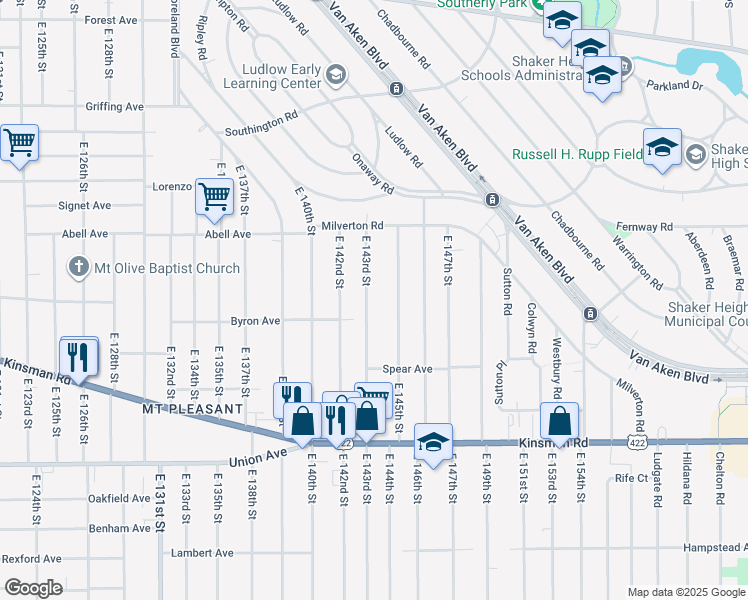 map of restaurants, bars, coffee shops, grocery stores, and more near 3329 East 143rd Street in Cleveland