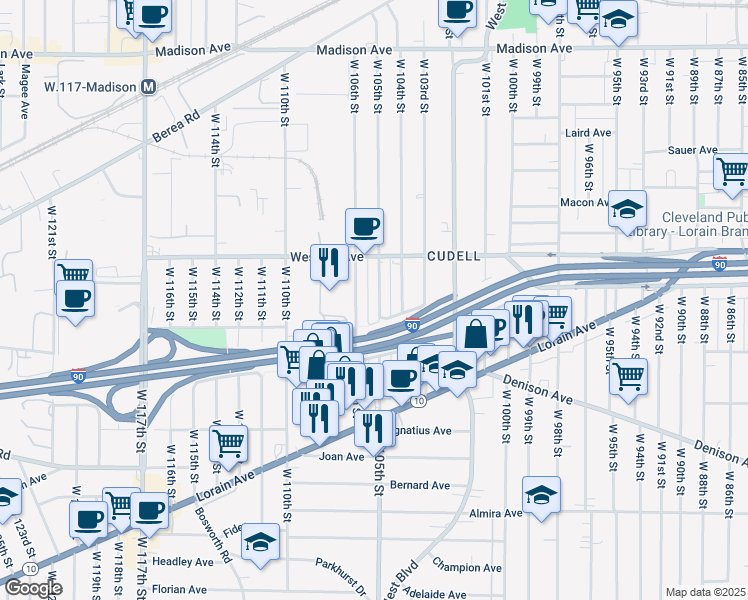 map of restaurants, bars, coffee shops, grocery stores, and more near 3068 West 105th Street in Cleveland