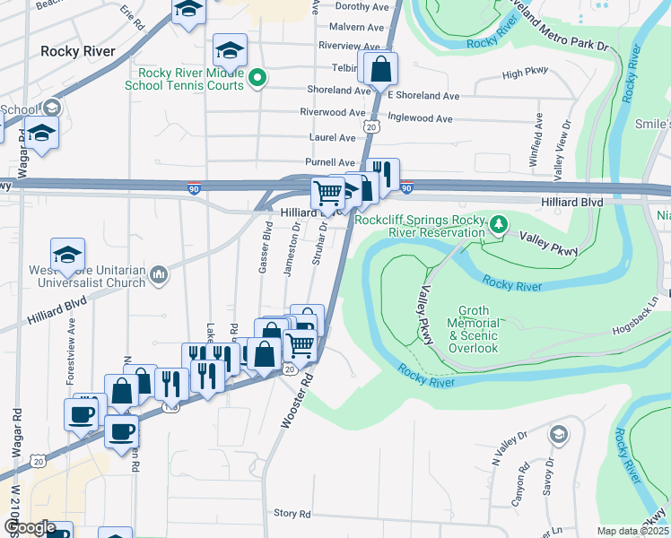 map of restaurants, bars, coffee shops, grocery stores, and more near 2705 Wooster Road in Rocky River