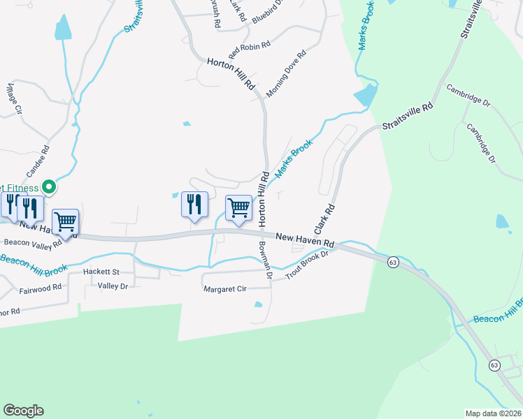 map of restaurants, bars, coffee shops, grocery stores, and more near 1-99 Horton Hill Road in Naugatuck