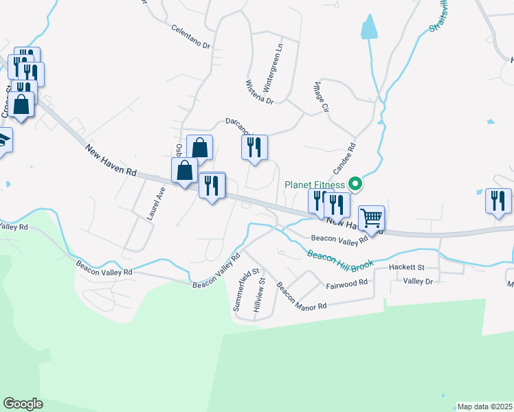 map of restaurants, bars, coffee shops, grocery stores, and more near Connecticut 63 in Naugatuck