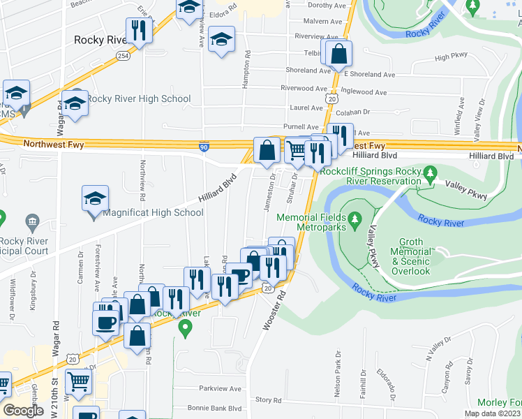 map of restaurants, bars, coffee shops, grocery stores, and more near 2590 Jameston Drive in Rocky River