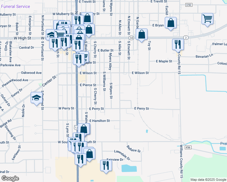 map of restaurants, bars, coffee shops, grocery stores, and more near 521 South Myers Street in Bryan