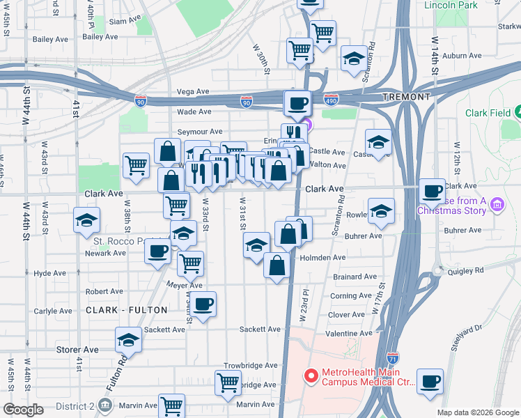 map of restaurants, bars, coffee shops, grocery stores, and more near 3130 West 30th Street in Cleveland