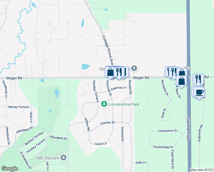 map of restaurants, bars, coffee shops, grocery stores, and more near 3434 Donovan Drive in Crete