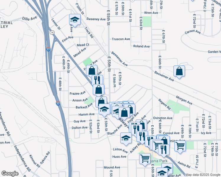 map of restaurants, bars, coffee shops, grocery stores, and more near 3289 East 55th Street in Cleveland