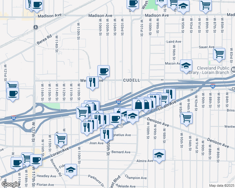 map of restaurants, bars, coffee shops, grocery stores, and more near 3069 W 104th St in Cleveland
