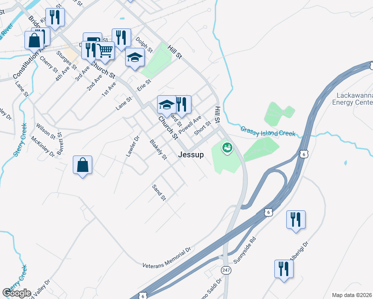 map of restaurants, bars, coffee shops, grocery stores, and more near in Jessup