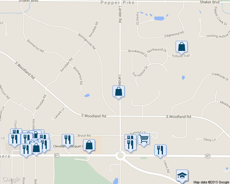 map of restaurants, bars, coffee shops, grocery stores, and more near 3312 Lander Rd in Cleveland
