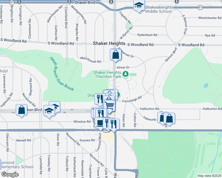 map of restaurants, bars, coffee shops, grocery stores, and more near 3330 Warrensville Center Road in Shaker Heights