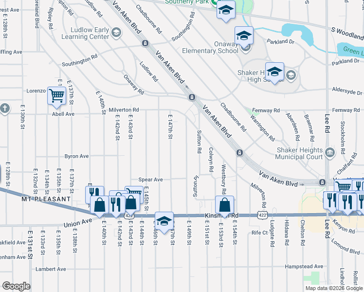map of restaurants, bars, coffee shops, grocery stores, and more near 3332 East 149th Street in Cleveland