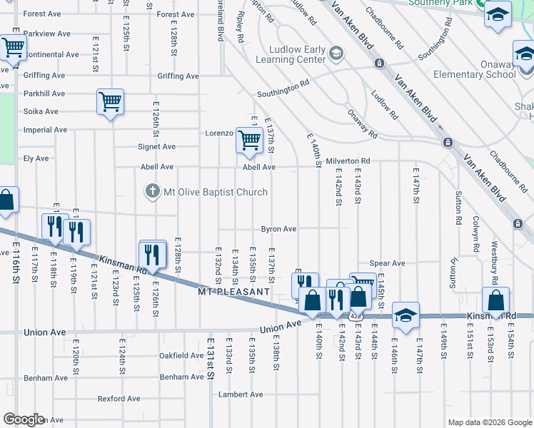 map of restaurants, bars, coffee shops, grocery stores, and more near 3308 East 137th Street in Cleveland