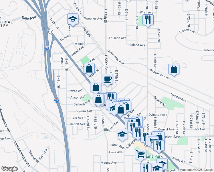 map of restaurants, bars, coffee shops, grocery stores, and more near 3289 East 55th Street in Cleveland