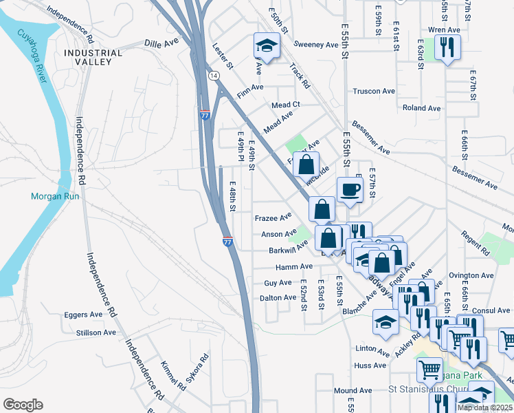 map of restaurants, bars, coffee shops, grocery stores, and more near 3275 East 49th Street in Cleveland
