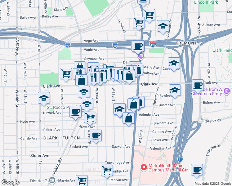 map of restaurants, bars, coffee shops, grocery stores, and more near 3126 West 31st Street in Cleveland