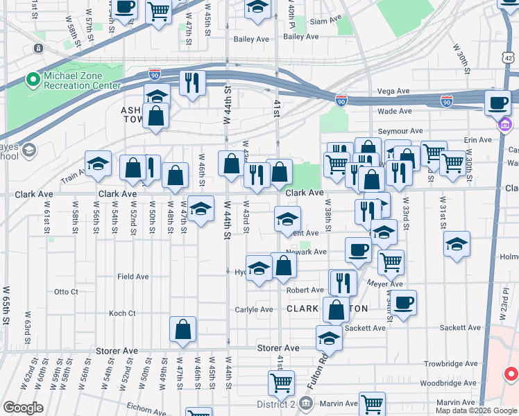 map of restaurants, bars, coffee shops, grocery stores, and more near 4128 West 42nd Place in Cleveland
