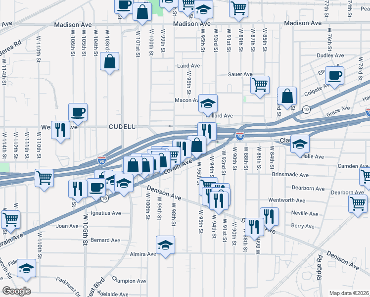 map of restaurants, bars, coffee shops, grocery stores, and more near 3118 West 97th Street in Cleveland