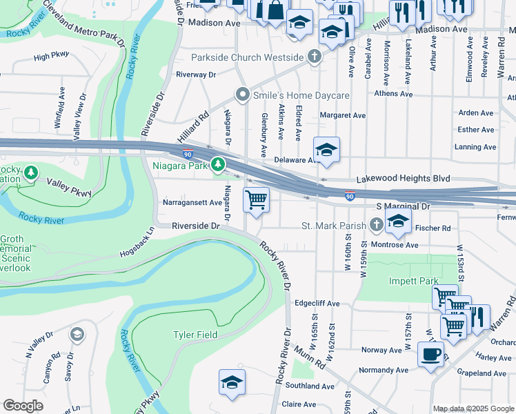 map of restaurants, bars, coffee shops, grocery stores, and more near 2309 McKinley Avenue in Lakewood