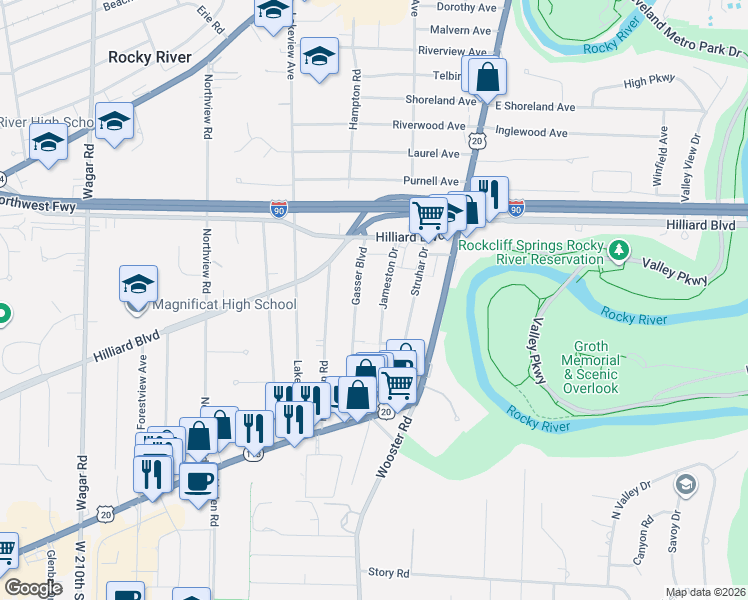map of restaurants, bars, coffee shops, grocery stores, and more near 2590 Jameston Drive in Rocky River