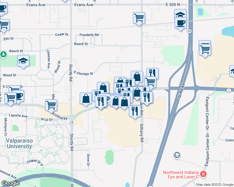 map of restaurants, bars, coffee shops, grocery stores, and more near 201-299 Legend Dr in Valparaiso