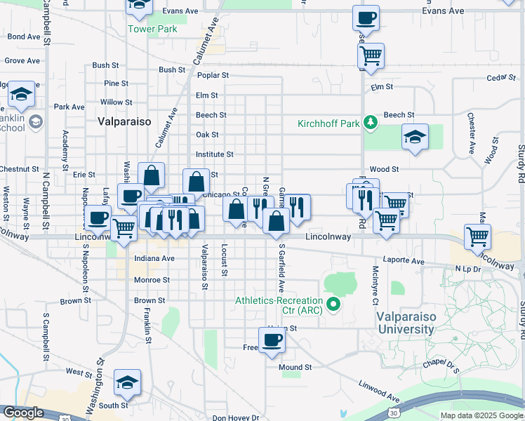 map of restaurants, bars, coffee shops, grocery stores, and more near 105 North Greenwich Street in Valparaiso