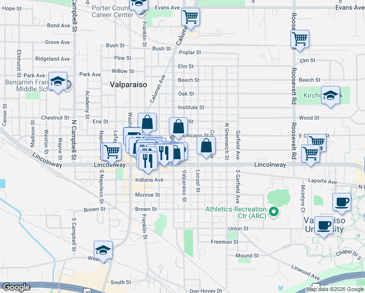 map of restaurants, bars, coffee shops, grocery stores, and more near 301 East Jefferson Street in Valparaiso