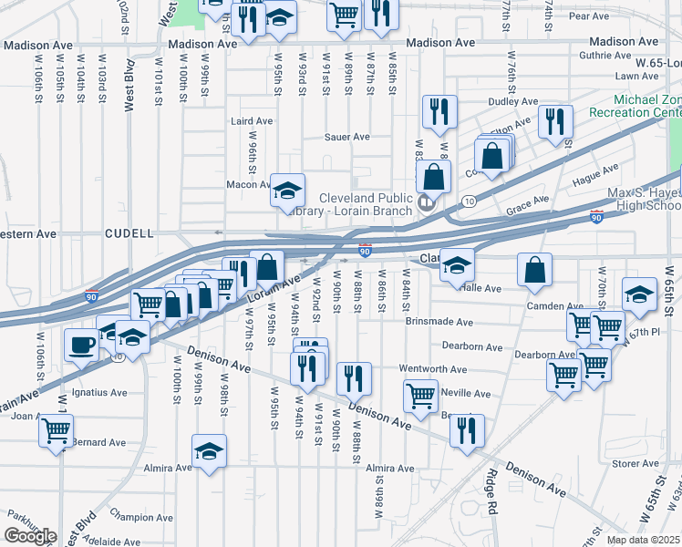 map of restaurants, bars, coffee shops, grocery stores, and more near 3111 West 90th Street in Cleveland