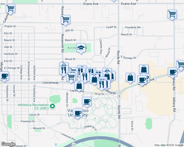map of restaurants, bars, coffee shops, grocery stores, and more near 1605 Firestone Lane in Valparaiso