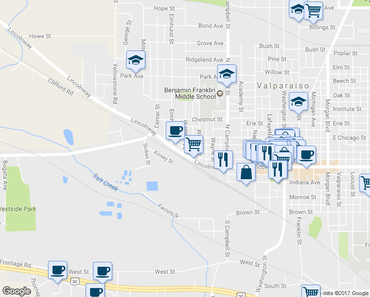 map of restaurants, bars, coffee shops, grocery stores, and more near 456 Jefferson Street in Valparaiso