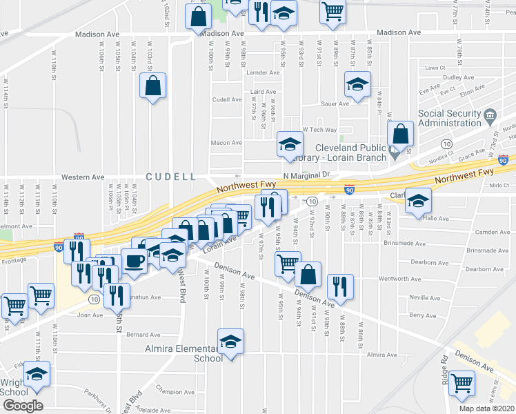 map of restaurants, bars, coffee shops, grocery stores, and more near 3118 West 97th Street in Cleveland