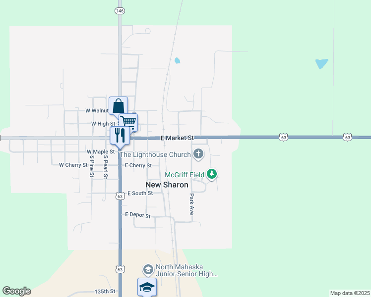 map of restaurants, bars, coffee shops, grocery stores, and more near 107 West South Street in New Sharon