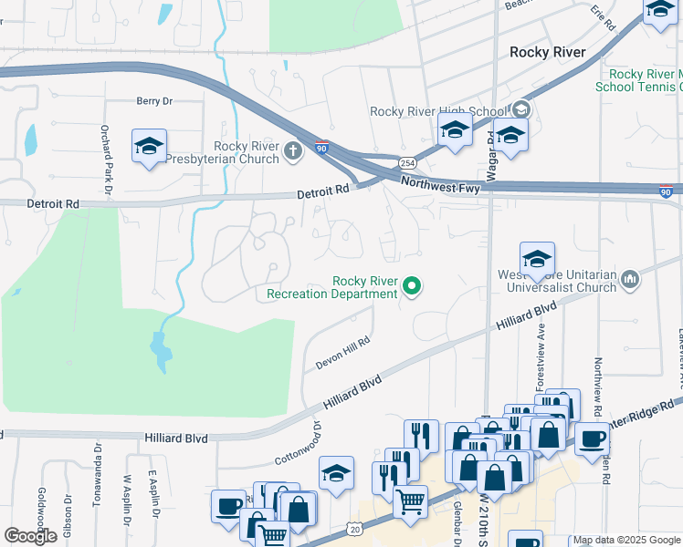 map of restaurants, bars, coffee shops, grocery stores, and more near 15 South Hampton Circle in Rocky River