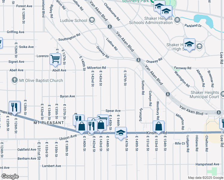 map of restaurants, bars, coffee shops, grocery stores, and more near 3329 East 145th Street in Cleveland