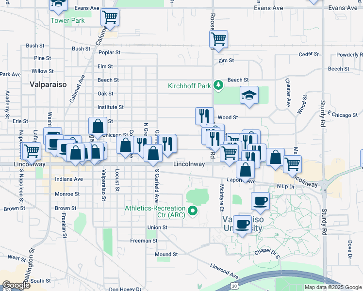 map of restaurants, bars, coffee shops, grocery stores, and more near 819 Jefferson Street in Valparaiso